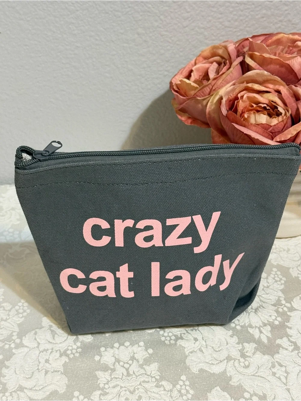 Crazy Cat Lady Makeup Cosmetic Grey Pink Zipper Bag New